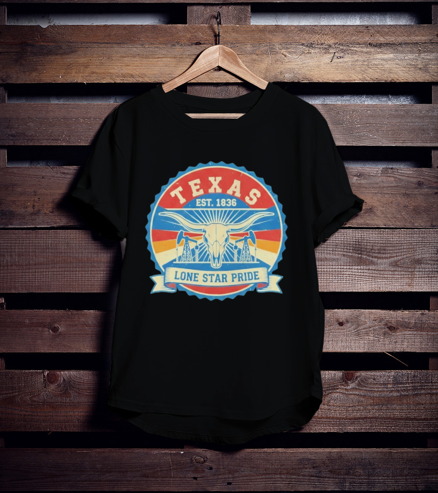 Texas EST 1836 Lone Star Pride Oil Derrick Longhorn T-Shirt