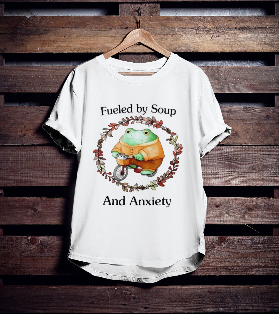 Fueled By Soup Frog Riding Scooter With Cat Surrounded By Autumn Leaves And Anxiety T-Shirt