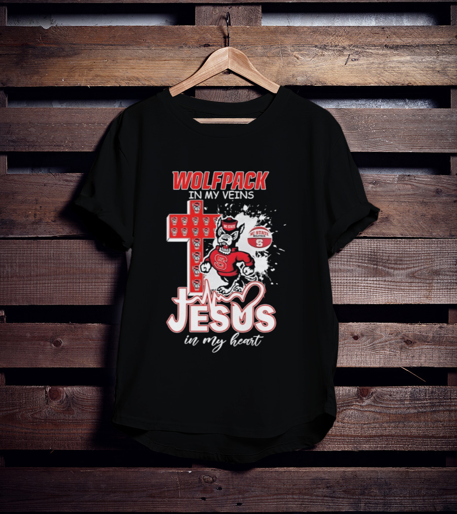 NC State Wolfpack In My Veins Jesus In My Heart Faithful Cross T-Shirt