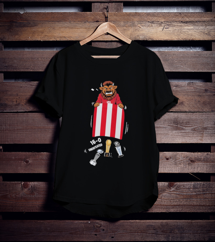 Indiana Hoosiers 16 0 Undefeated Mascot Holding Red White Flag And Trophies T-Shirt