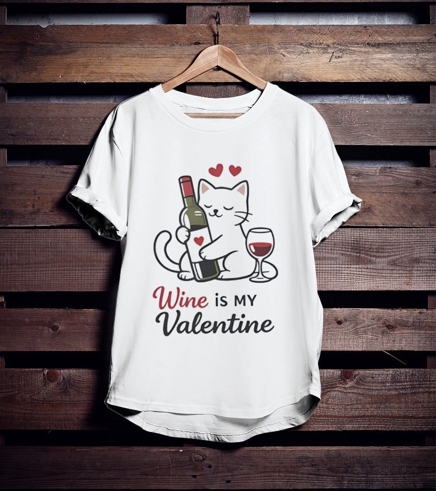 Cat Wine Is My Valentine With Hearts And Wine Glass T-Shirt