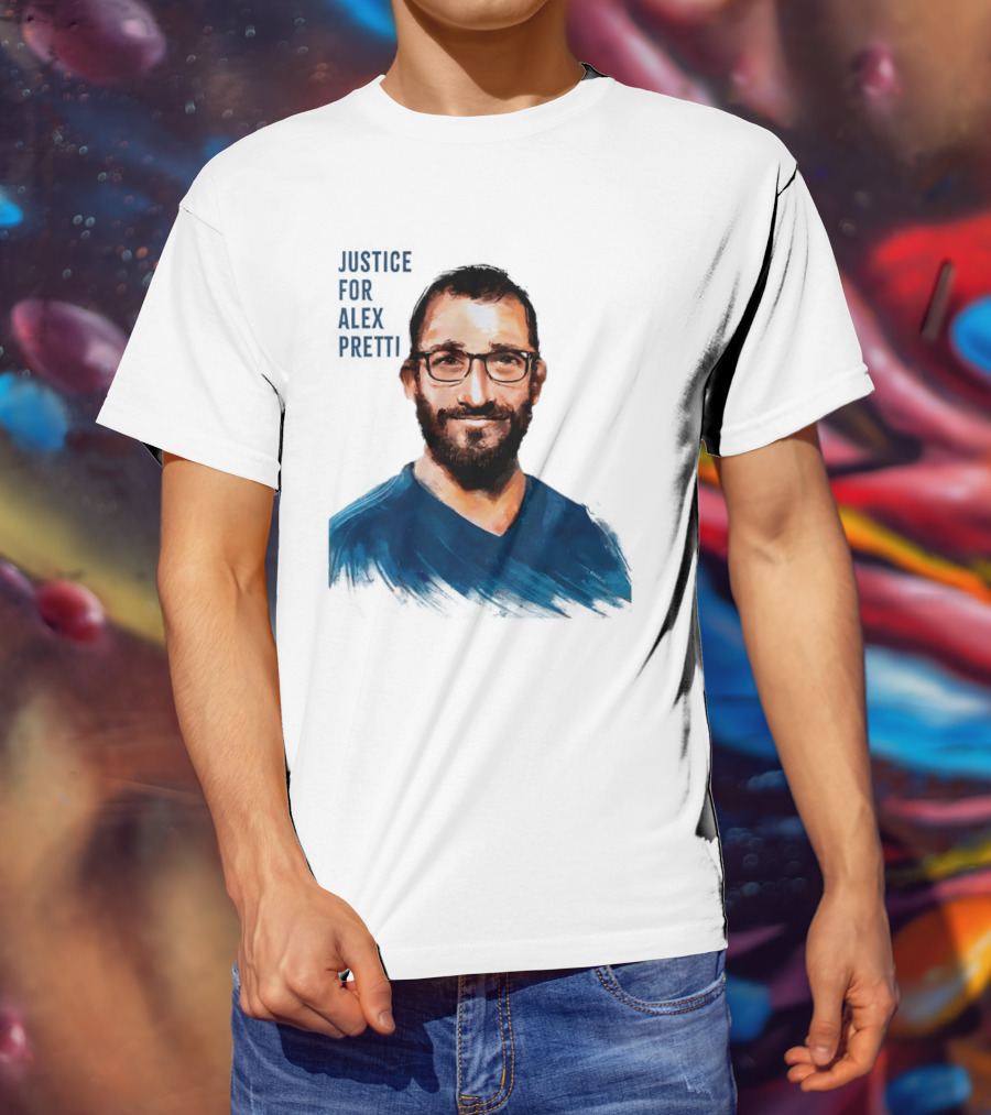 Justice For Alex Pretti Painting Portrait With Glasses And Blue T-Shirt