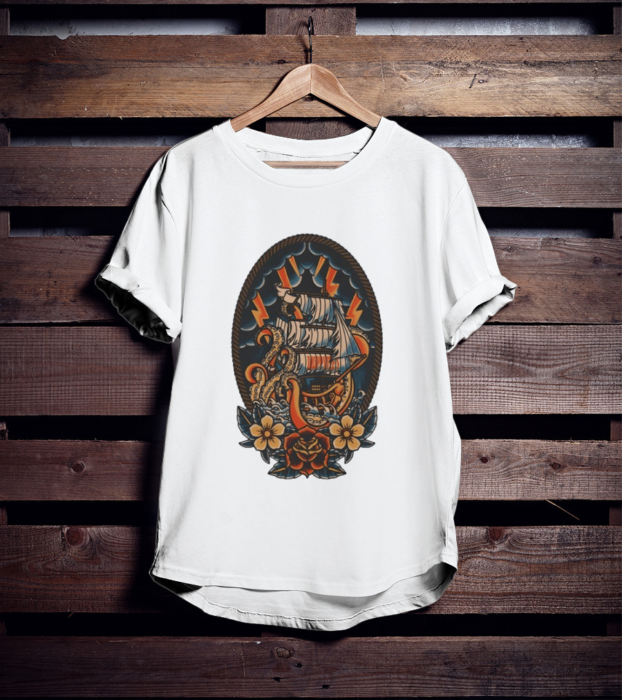 Kraken Sailboat Flower American Traditional Lightning Tattoo T-Shirt