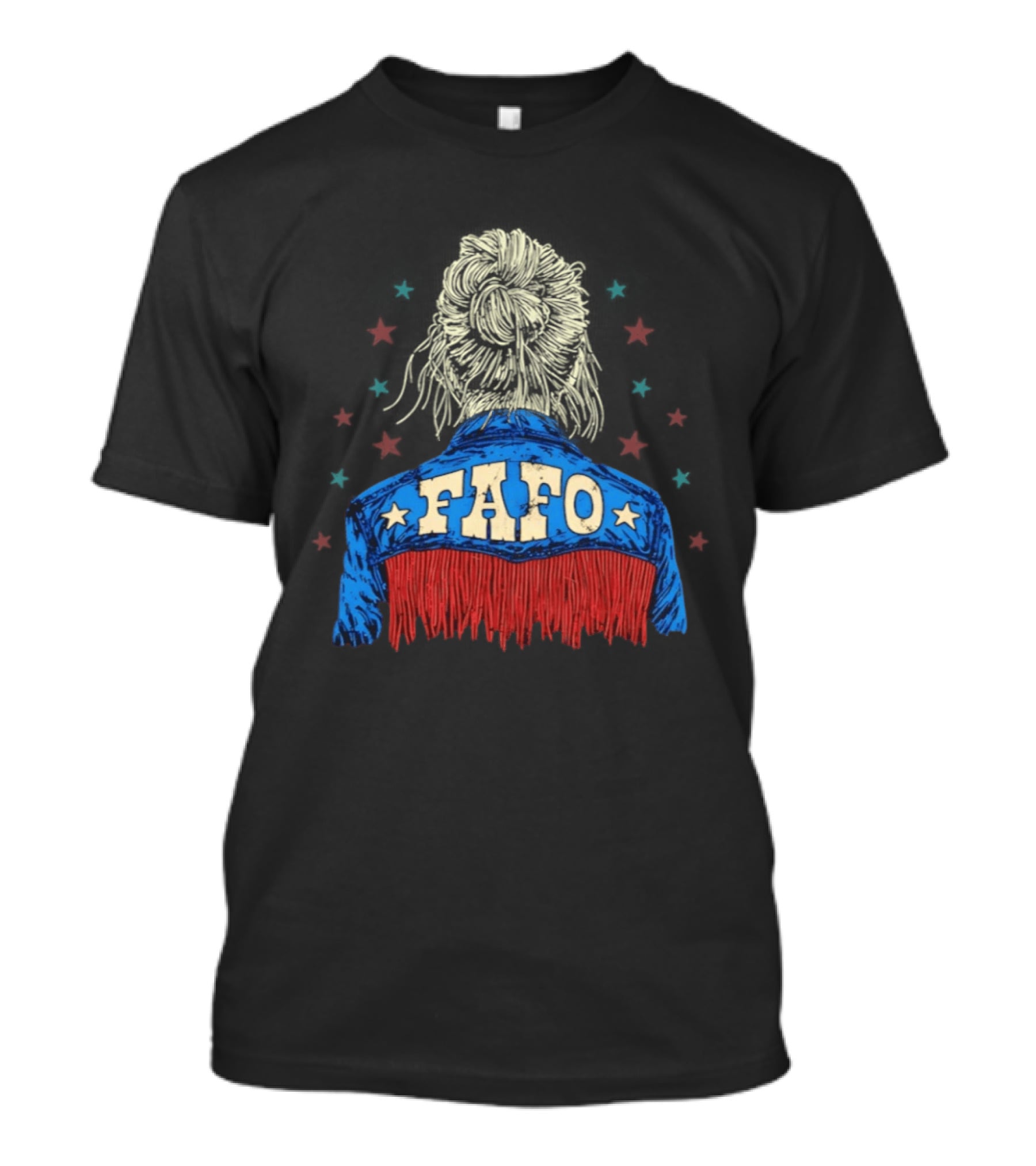 FAFO Messy Bun Western Fringe Denim Jacket Stars T-Shirt