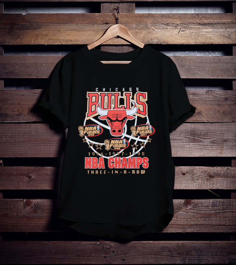Chicago Bulls NBA Champs Three In A Row 1996 1997 1998 T-Shirt