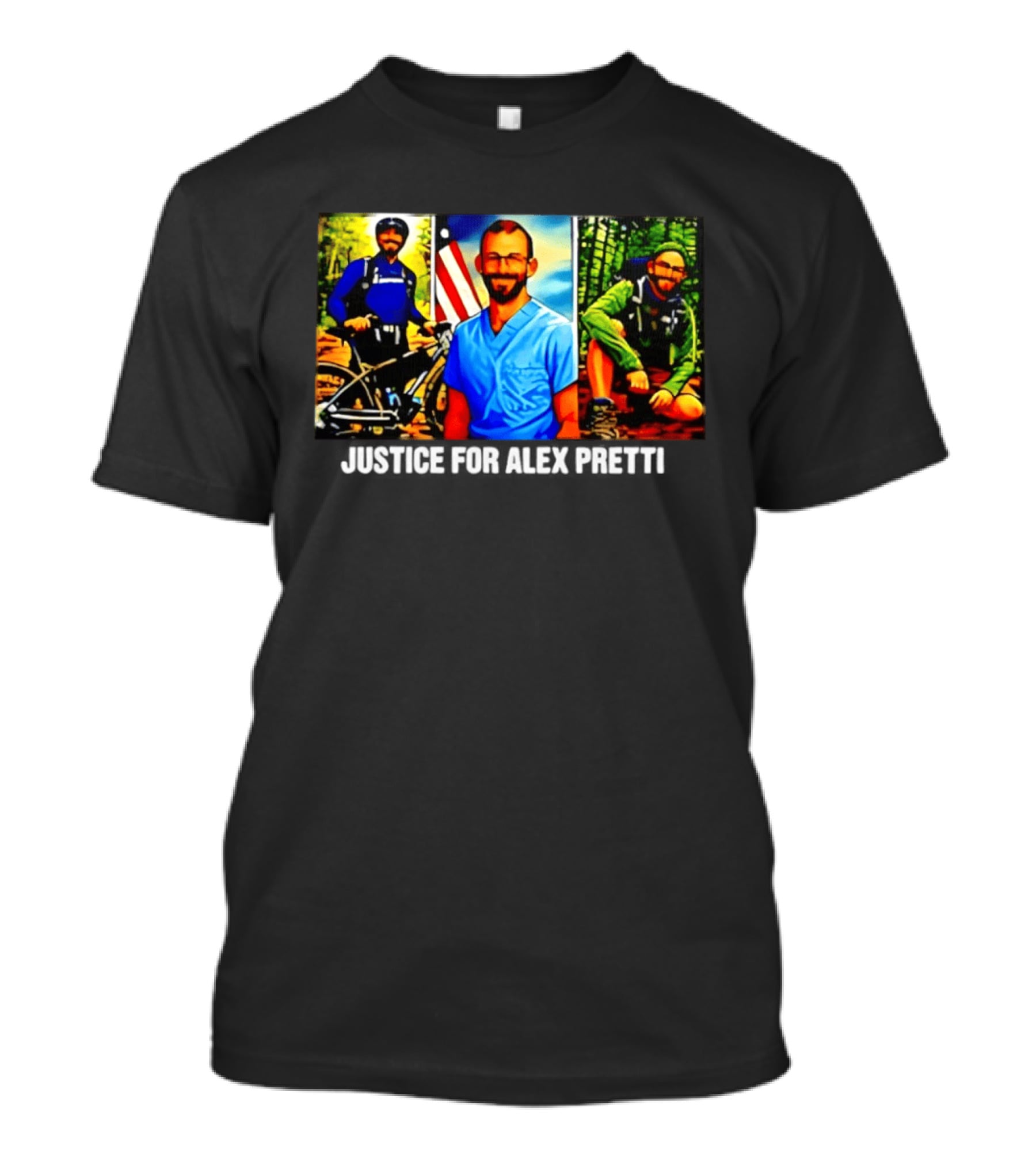 Justice For Alex Pretti Cartoon Art With American Flag And Nature Explorer T-Shirt
