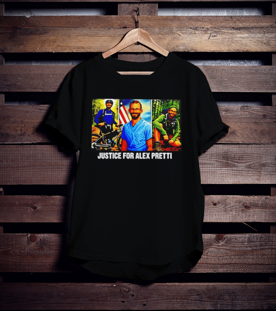 Justice For Alex Pretti Cartoon Art With American Flag And Nature Explorer T-Shirt
