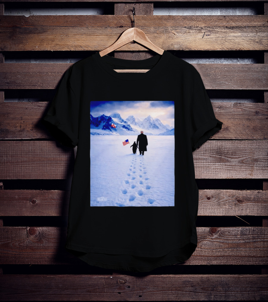 The White House Donald Trump Walking With Penguin American Canadian Flags Snowy Mountains T-Shirt