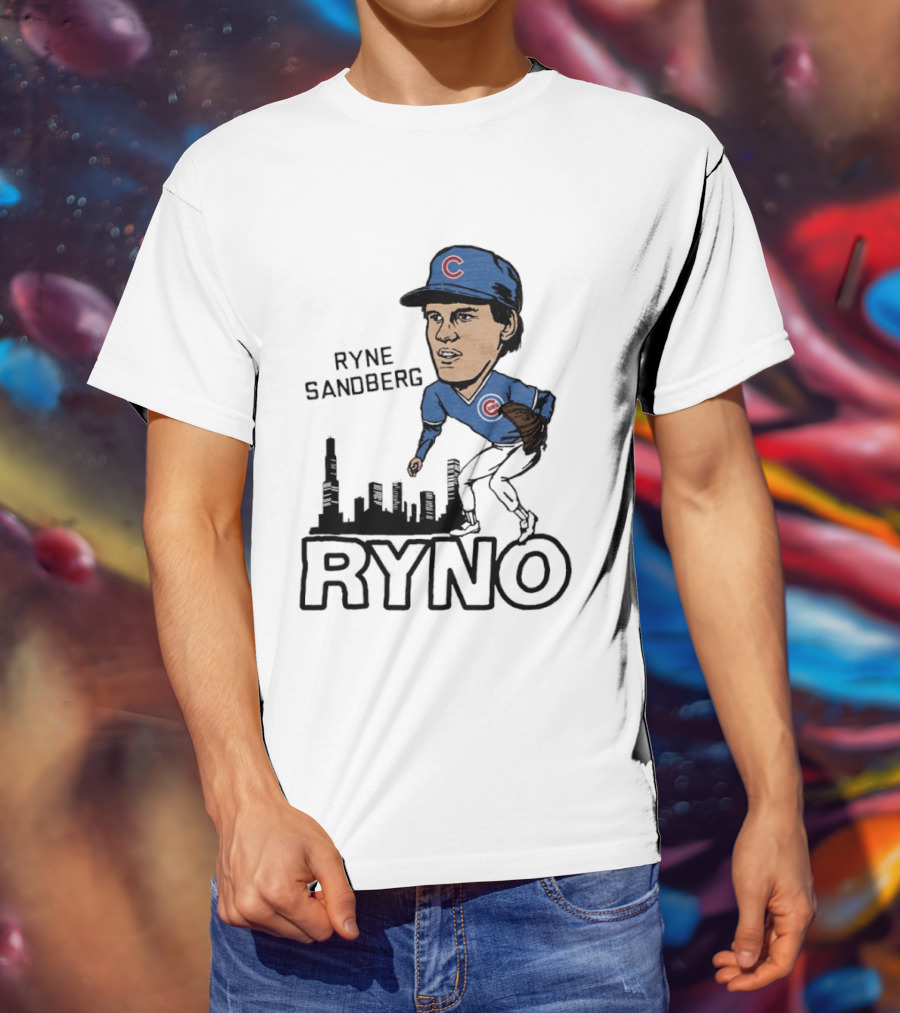 Ryne Sandberg Ryno Chicago Cubs Cartoon Skyline T-Shirt