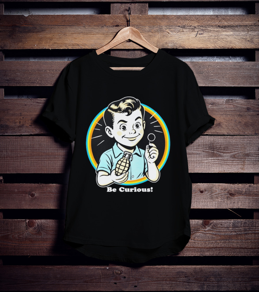 Be Curious Retro Comic Style Boy Holding Grenade And Pin T-Shirt