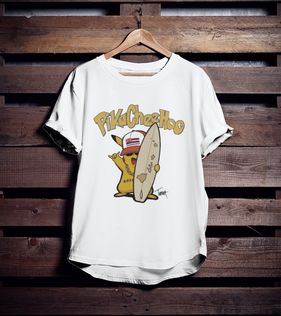 PikaCheeHoo Pikachu Surfboard Tumua Hawaii Flag Hat T-Shirt