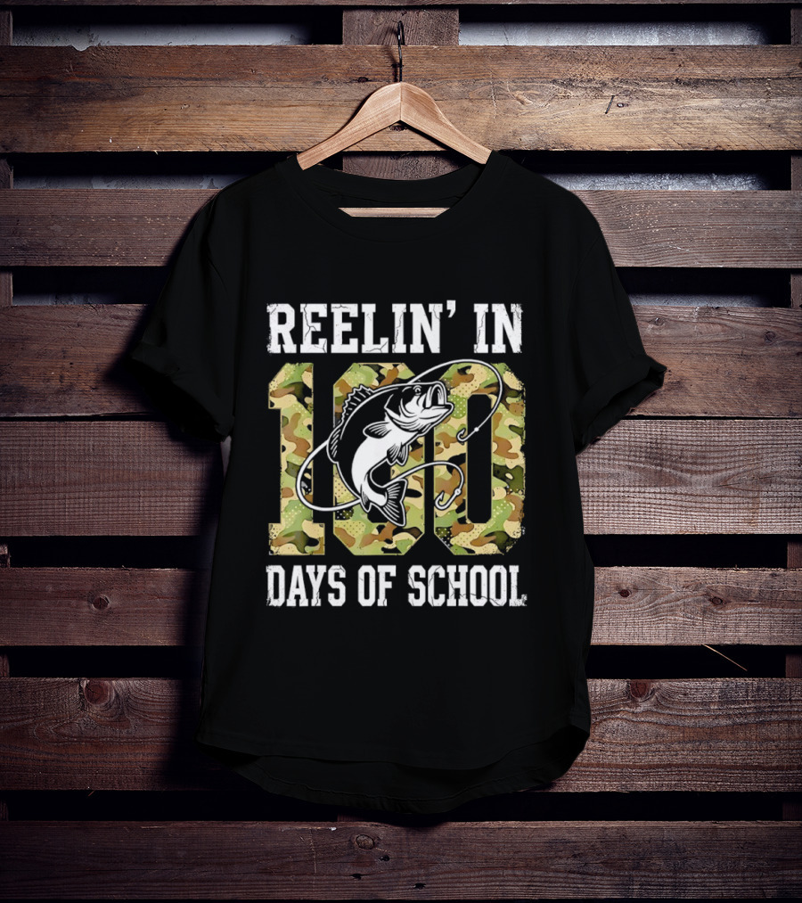 Reelin' In 100 Days Of School Bass Camo Fishing T-Shirt