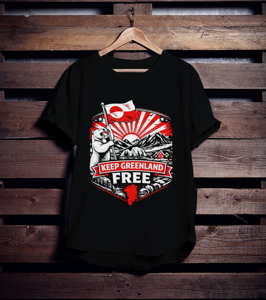 Polar Bear Holding Flag Keep Greenland Free Mountains And Sunburst T-Shirt