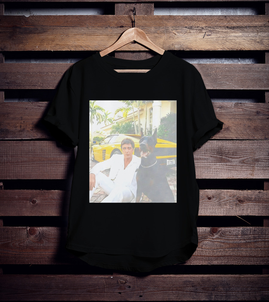 Tony Montana With Dog In Front Of Yellow Sports Car Scene From Scarface T-Shirt