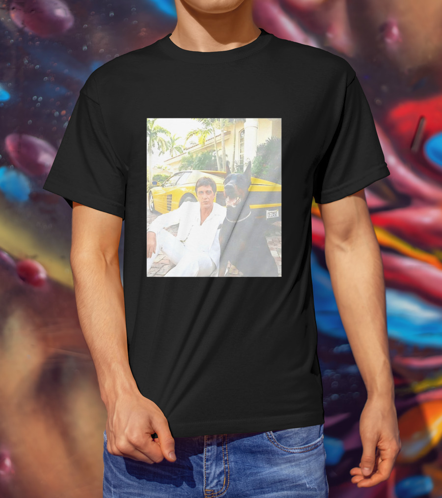Tony Montana With Dog In Front Of Yellow Sports Car Scene From Scarface T-Shirt