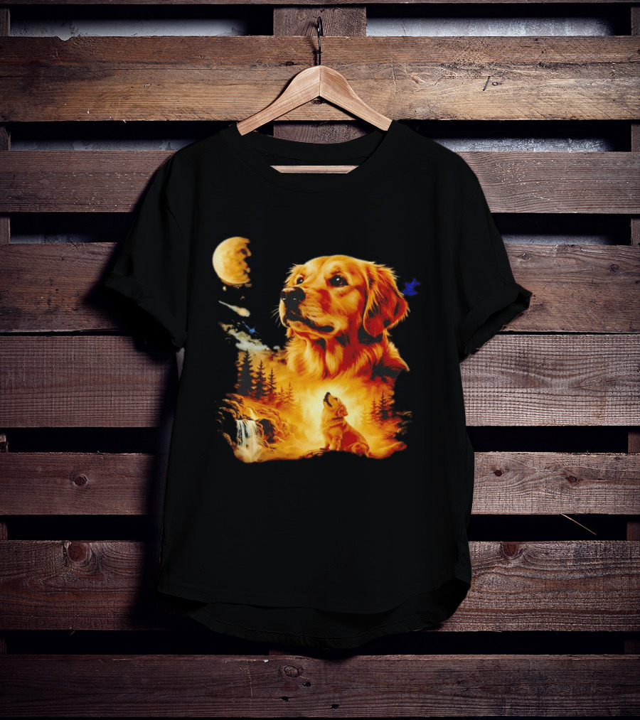 Golden Retriever Majestic Night Howl At Moonlit Waterfall T-Shirt