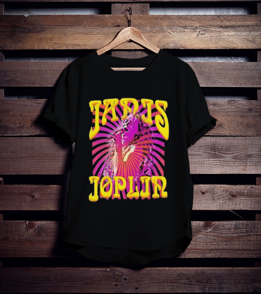 Janis Joplin Psychedelic Swirl Vibrant Yellow Text Pink Burst T-Shirt