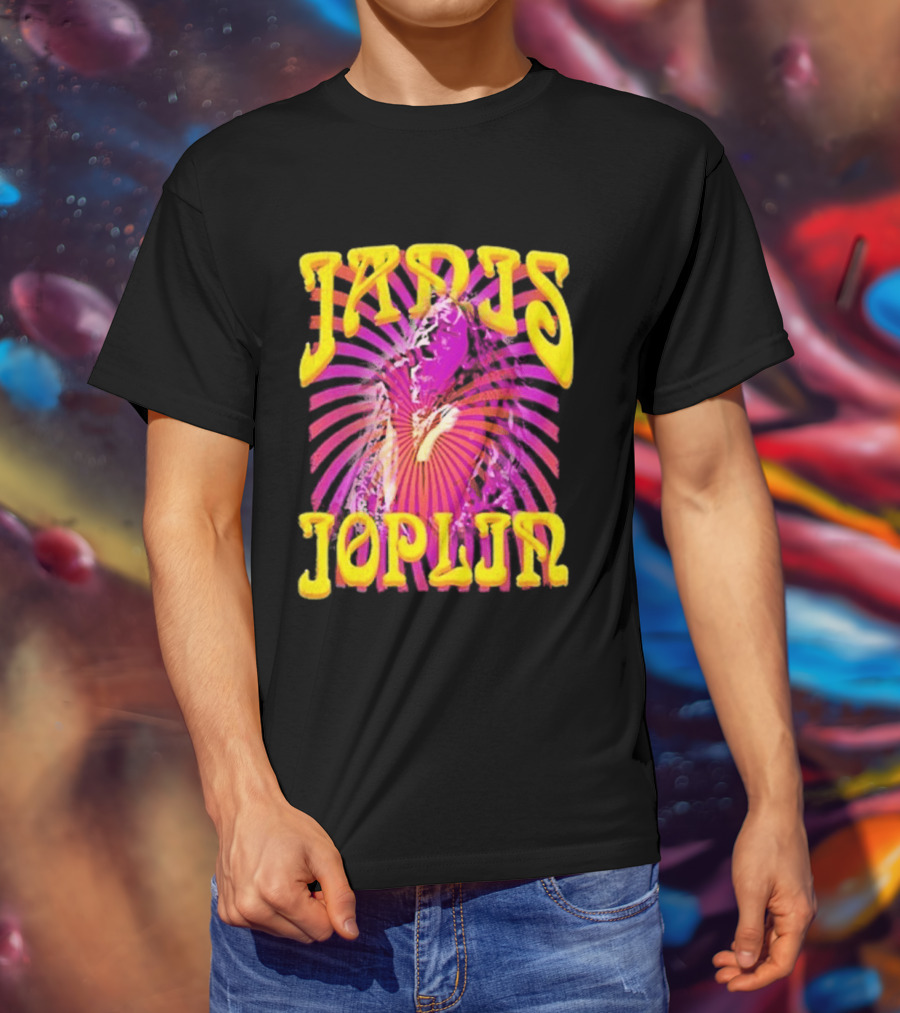 Janis Joplin Psychedelic Swirl Vibrant Yellow Text Pink Burst T-Shirt