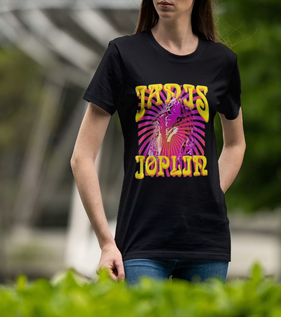 Janis Joplin Psychedelic Swirl Vibrant Yellow Text Pink Burst T-Shirt