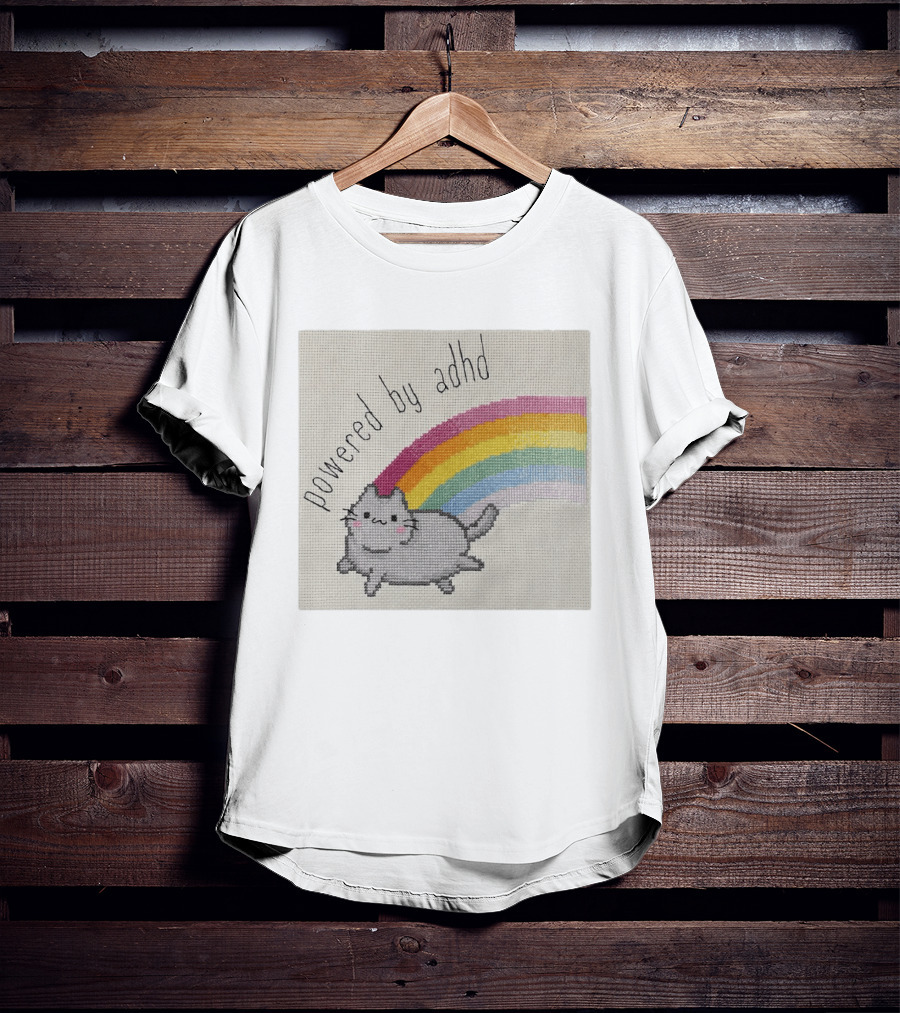 Cat Powered By ADHD Rainbow Cute Cross Stitch Patchwork T-Shirt