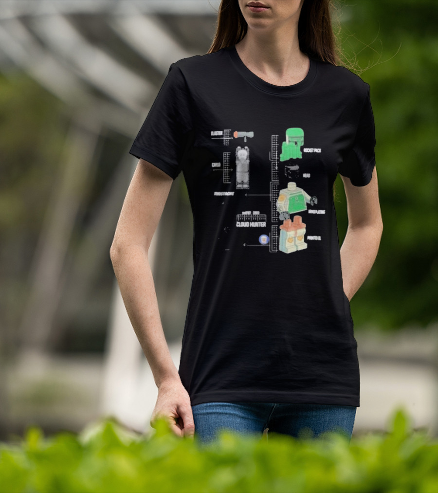 Studstache Cloud Hunter Blueprint With Block Figures And Sci Fi T-Shirt