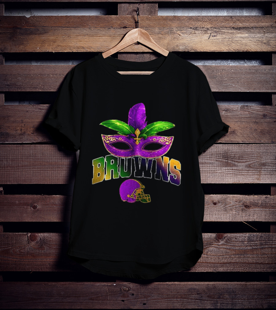 Cleveland Browns Mardi Gras Mask Feathers Football T-Shirt
