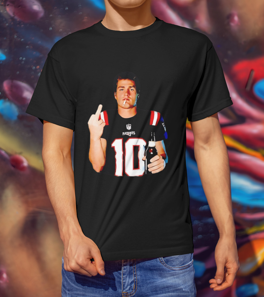 Drake Maye Middle Finger Smoking Holding Beer Can New England Patriots 10 T-Shirt