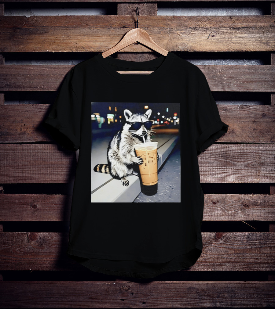Raccoon Wearing Sunglasses Enjoying Iced Coffee Night Scene T-Shirt