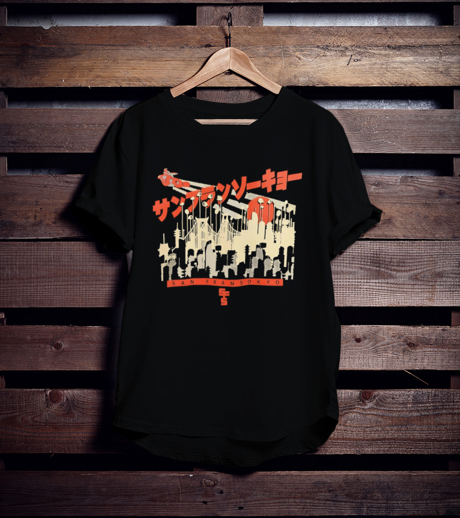 Sanfrasokyo Cityscape Fusion With Japanese Text And Baymax Figure T-Shirt