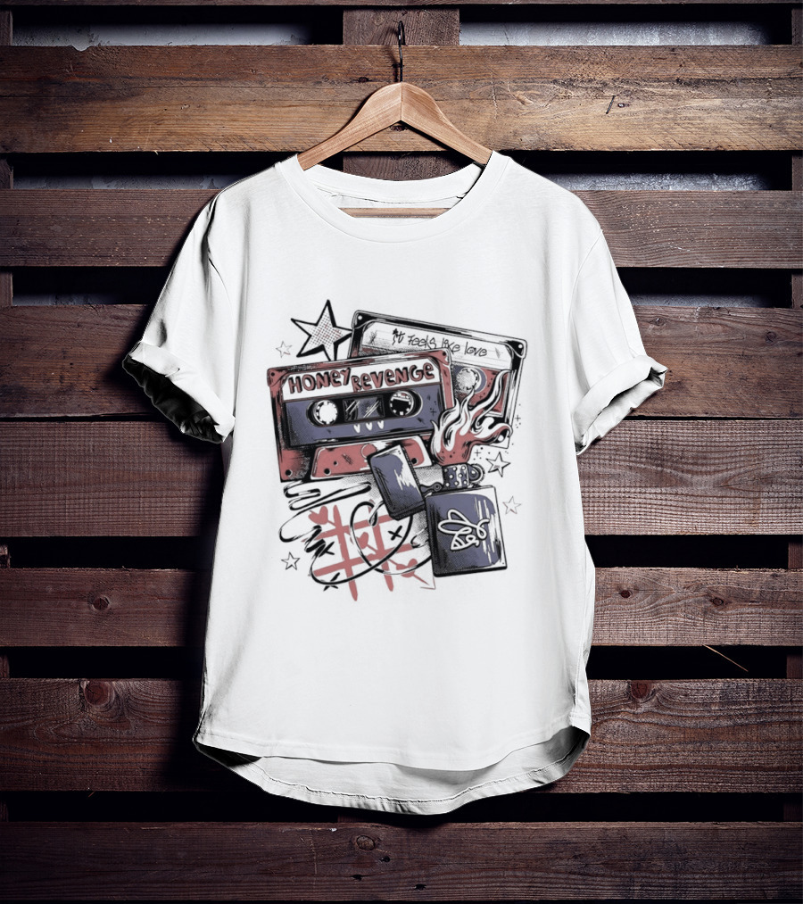 Honey Revenge Mixtape Cassette Red Star Flame Dice Skull T-Shirt