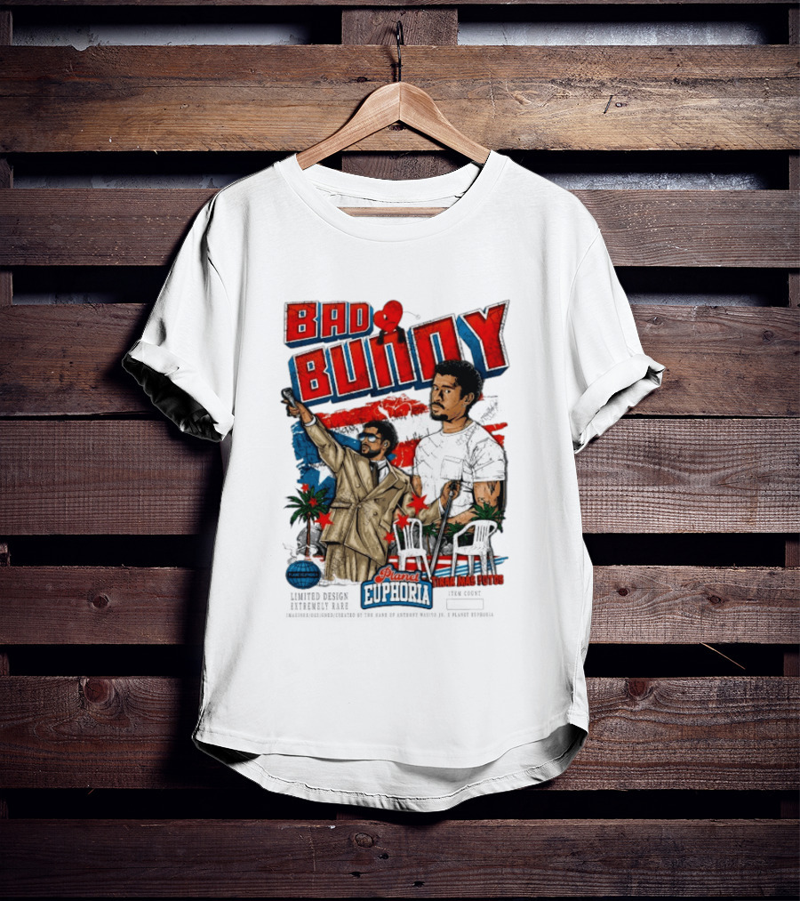 Bad Bunny Tirar Mas Fotos Planet Euphoria Palm Trees Chairs Red White Blue T-Shirt