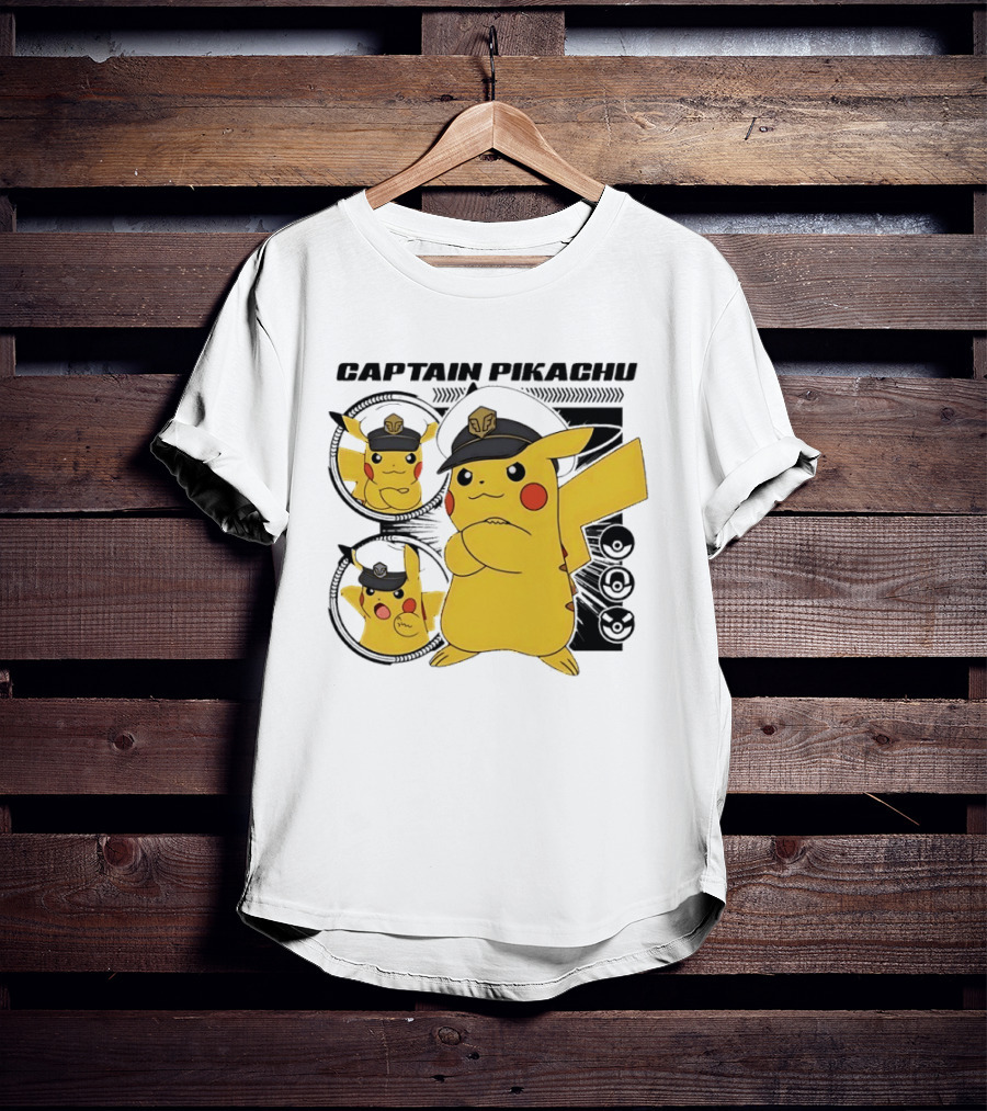 Captain Pikachu Cartoon Character With Hat And Expressions T-Shirt