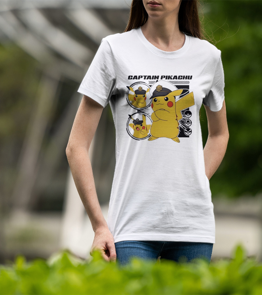 Captain Pikachu Cartoon Character With Hat And Expressions T-Shirt