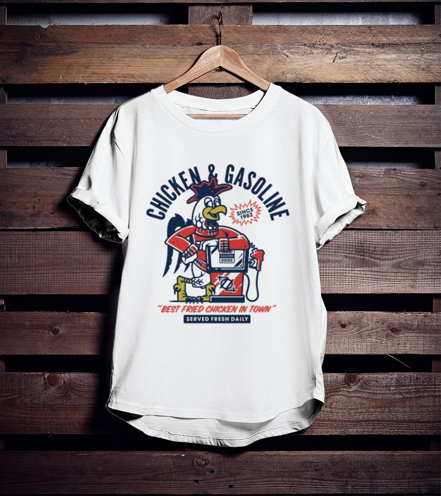 Chicken And Gasoline Best Fried Chicken In Town Since 1982 Retro Style Cartoon Rooster Pumping Gas T-Shirt