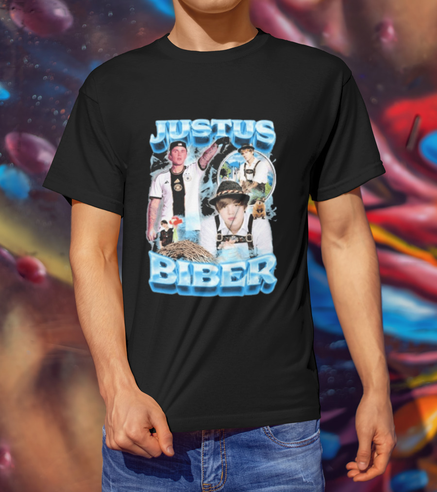 Justus Biber Justin Bieber Bavarian Inspired Collage Football Lederhosen T-Shirt