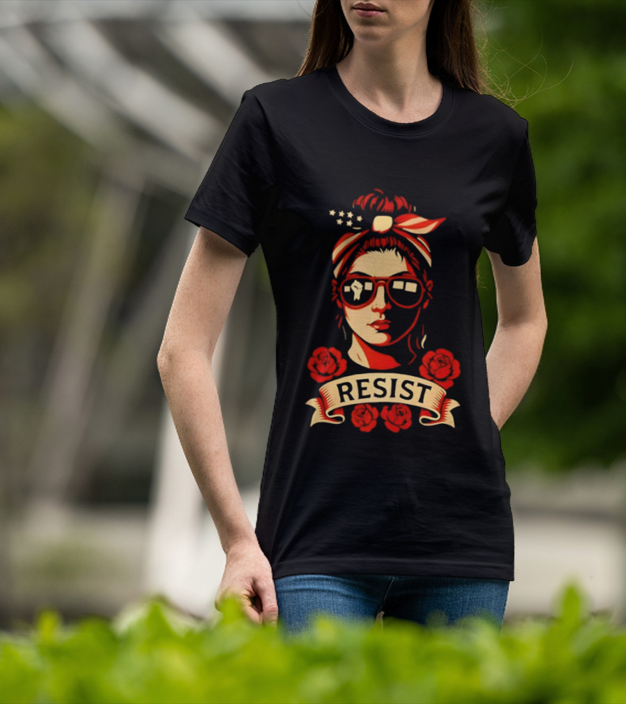 Patriotic Woman Resist American Flag Bandana And Glasses With Roses T-Shirt