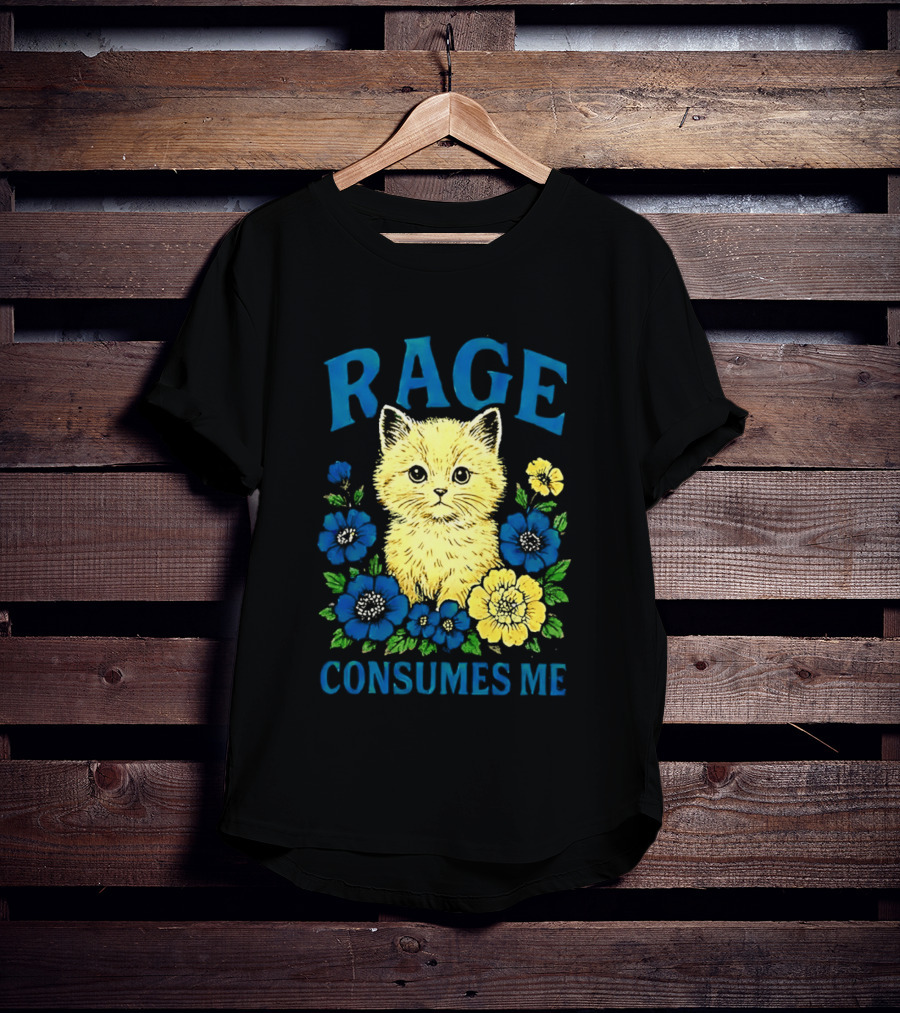 Rage Consumes Me Cat Surrounded By Blue And Yellow Flowers T-Shirt