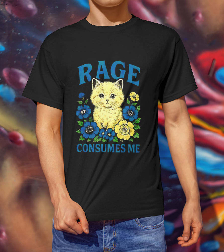 Rage Consumes Me Cat Surrounded By Blue And Yellow Flowers T-Shirt