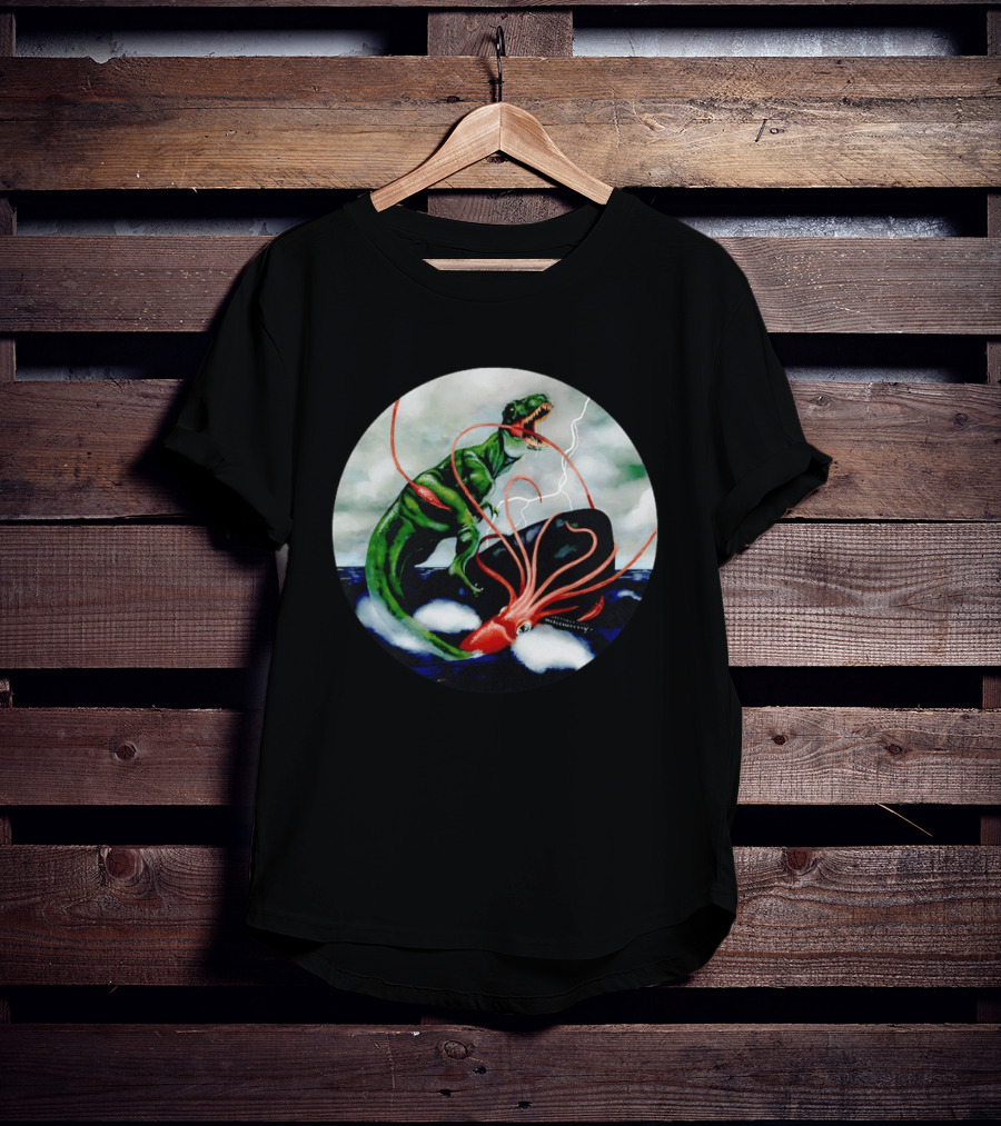 Dinosaur And Giant Squid Battle On Stormy Sea T-Shirt