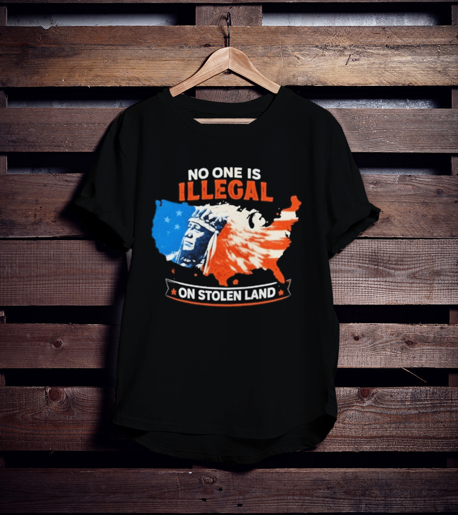 No One Is Illegal On Stolen Land USA Map Native American Headdress T-Shirt