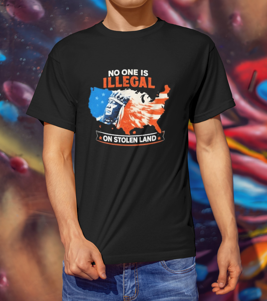 No One Is Illegal On Stolen Land USA Map Native American Headdress T-Shirt
