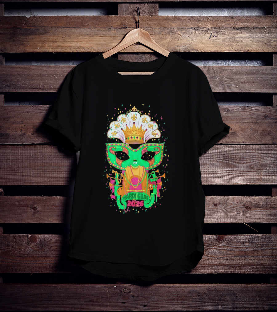 Universal Studios Mardi Gras 2026 Festive Mask And Crown Celebration T-Shirt