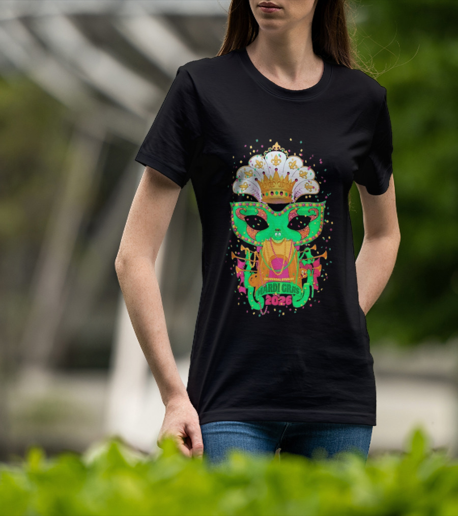 Universal Studios Mardi Gras 2026 Festive Mask And Crown Celebration T-Shirt