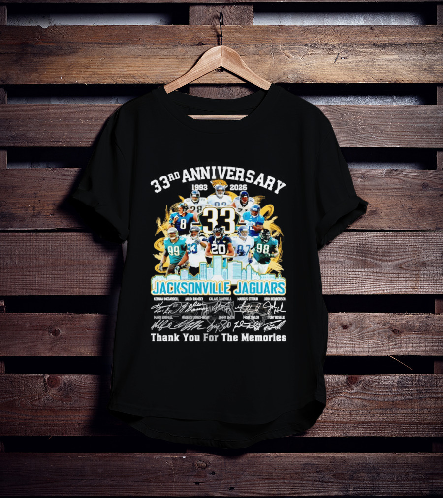Jacksonville Jaguars 33rd Anniversary Players Collage City Skyline T-Shirt