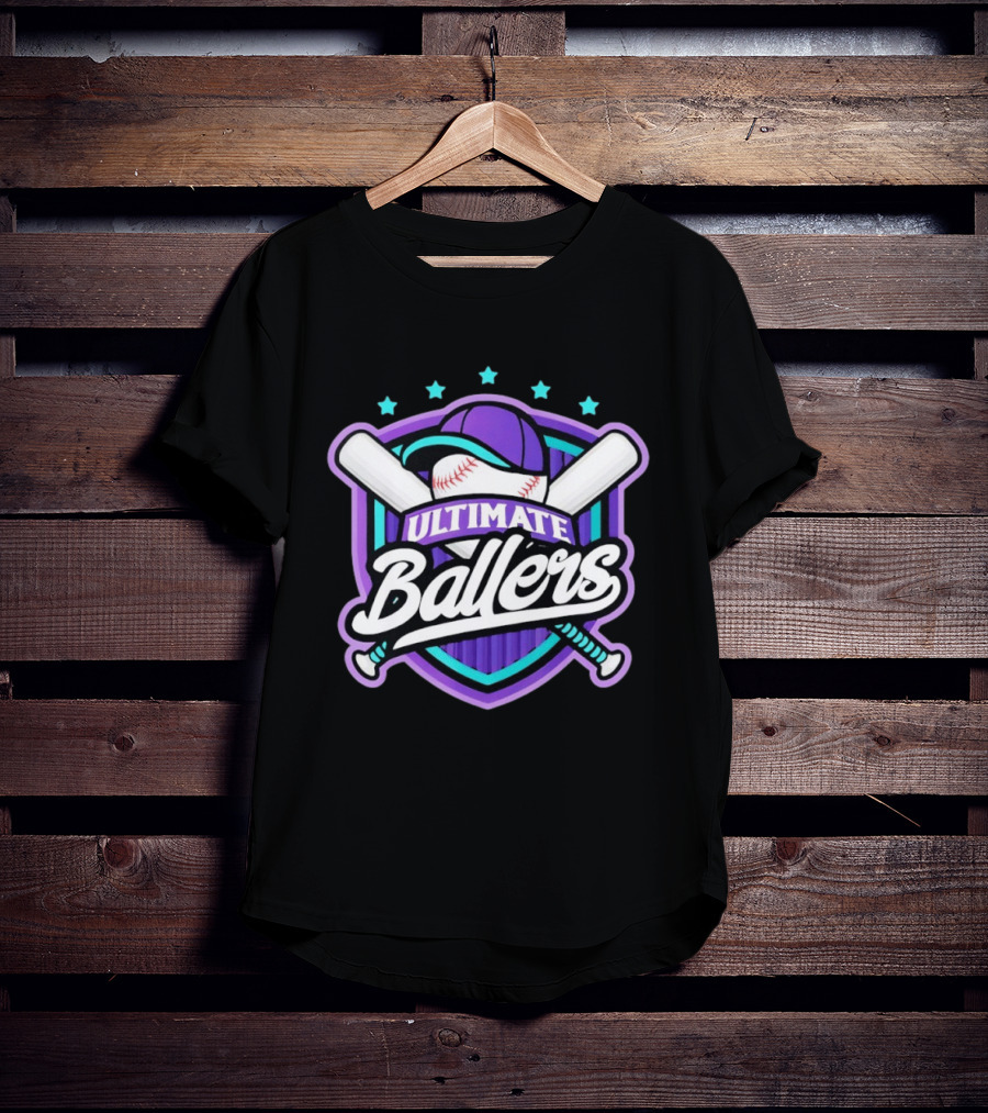 Ultimate Ballers Baseball Purple Cap Bats Retro Five Stars T-Shirt