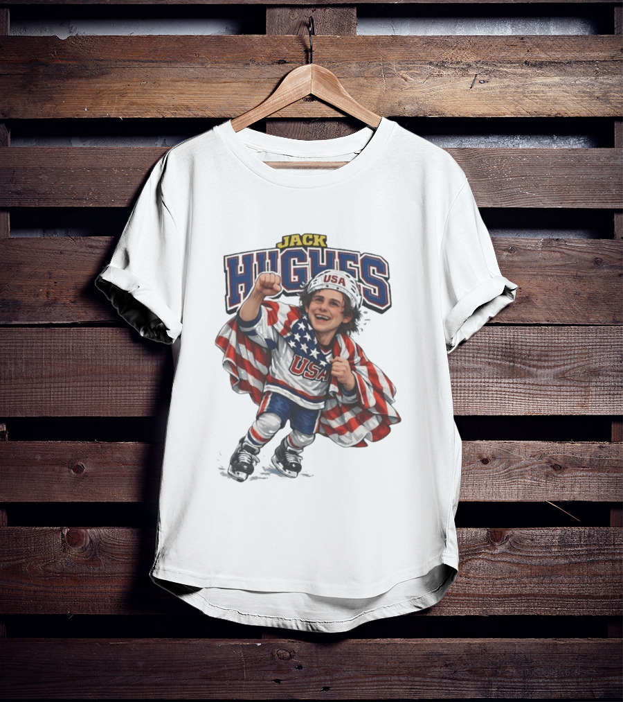 Jack Hughes USA Hockey Caricature American Flag T-Shirt