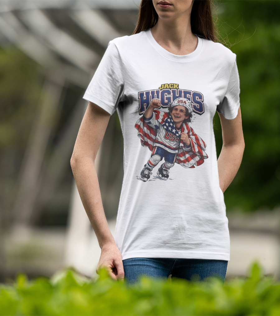 Jack Hughes USA Hockey Caricature American Flag T-Shirt