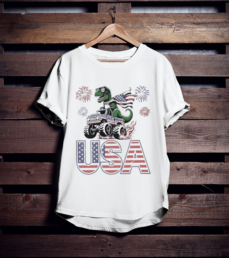 USA Independence Day 4th Of July Rex Monster Truck Fireworks American Flag T-Shirt