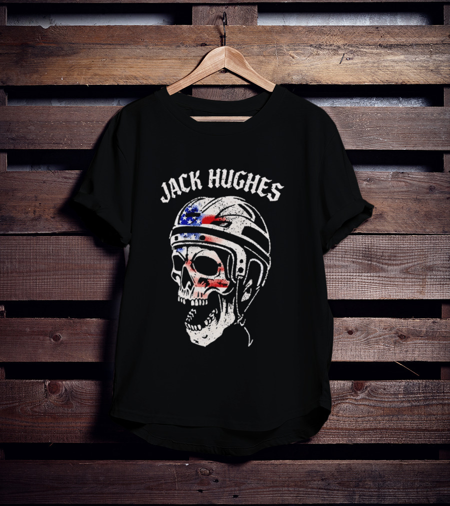 Jack Hughes USA Flag Skull Hockey Helmet T-Shirt