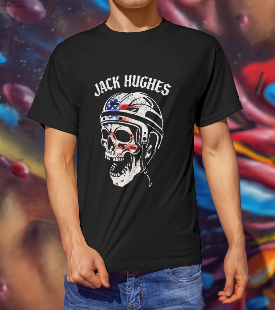 Jack Hughes USA Flag Skull Hockey Helmet T-Shirt